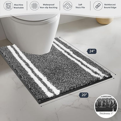 PURRUGS Bathroom Rug Non-Slip Machine Washable 20" x 24" U-Shaped, Super Absorbent and Quick Dry Shaggy Microfiber Bath Mat, Extra Soft and Plush Contour Rug for Toilet Base, Charcoal
