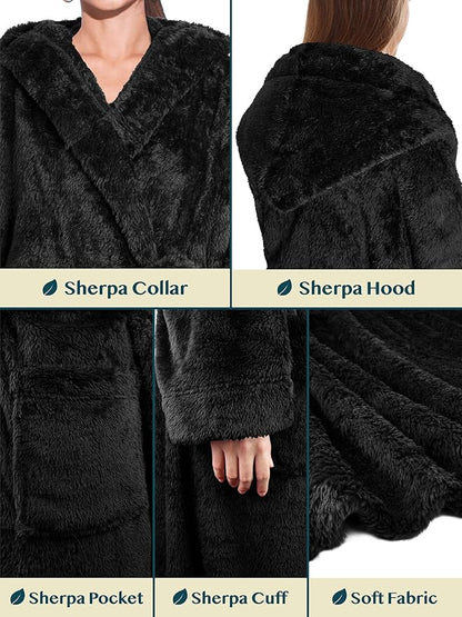 PAVILIA Women Hooded Plush Soft Robe | Fluffy Warm Fleece Sherpa Shaggy Bathrobe