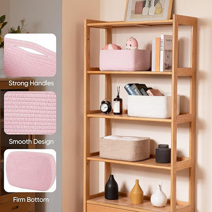 OIAHOMY 4 Pack 14.17*11.02*6.3IN Storage Baskets for Organizing Shelves, Woven Rope Baskets for Organizing Books, Clothes, Decorative Basket for Living Room, Nursery, Bedroom, Gift Basket, Pink