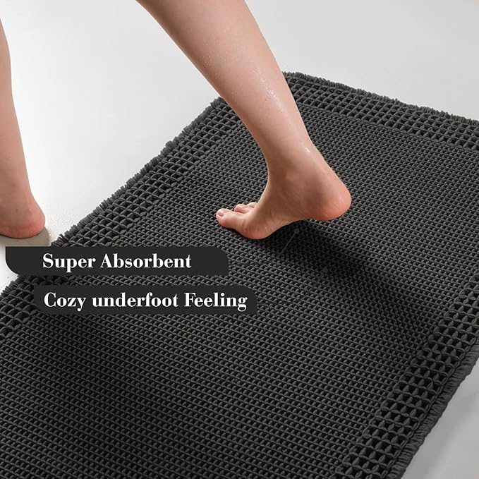 RESARE Waffle Bath Mat for Bathroom, Super Absorbent Bathroom Rugs Non Slip Machine Washable, Ultra Soft Quick Dry Boho Bath Rugs with Tassels for Floor, Upgraded Bordered Design, 18"x30" Black