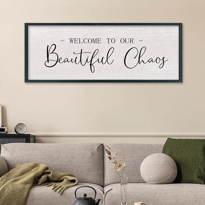 comurdyo Welcome To Our Beautiful Chaos Wall Decor Art 40"X15" for Home Entryway Sign Large Wood Framed Wall Hanging (Black)