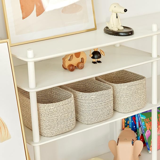 Small Cotton Rope Storage Basket Set of 3-11"x7"x7" Perfect Woven Baskets for Storage, Ideal Storage Baskets for Organizing Toys, Towels, and More - Baskets for Shelves and Home Decor（Beige）