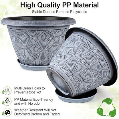 16 Inch Large Planter Pot for Plants Indoor Outdoor, 4 Pack Plastic Flower Pots with Drainage Hole & Tray, Modern Decorative Garden Pot with Saucer, Plant Container for House