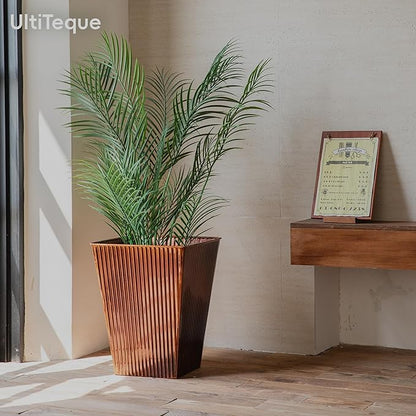 18in Vintage Handmade Metal Vertical Lines Copper Tapered Planters Set of 2, Galvanized Steel Planter Box with Drainage Hole for Indoor/Outdoor/Porch/Garden