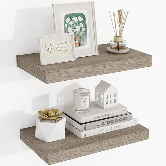 16 Inch Floating Shelves, 3D Textured Wood Grain, 16"x9.25"x1.5" Inch Deep Floating Shelves for Wall, Wooden Shelves for Bathroom, Bedroom, Living Room, Vintage Gray Oak, 2 Pieces