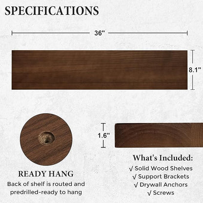 Axeman Floating Shelves, 8 Inch Deep Modern Solid Wood Wall Shelves for Storage, Wall Mounted Display Shelving with Invisible Heavy-Duty Metal Bracket, 36" W x 8" D x 1.57" H, Walnut Finish