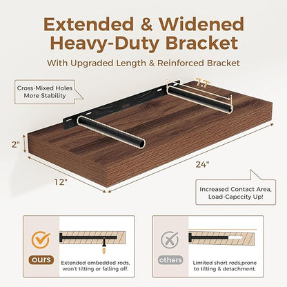 12 Inch Deep Floating Shelves, 24 x 12 Floating Shelf for Books, Rustic Wood Deep Wall Shelves for Home Storage & Display, 2" Thicked Shelves for Kitchen, Living Room, Bedroom, Walnut Color, 1 Pack