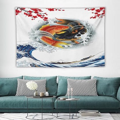 Houselerax Koi Fish Tapestry, Japanese Style Yin Yang Big Wave Cherry Blossoms Tapestries Wall Hanging for Bedroom Living Room Office Decor 90"x60"