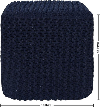 REDEARTH Square Hand Knitted Pouf - Foot Stool Ottoman Coffee Table - Cotton Cord Boho Pouffe - Poof Accent Footrest for Living Room - Bedroom - Library (16" x 16" x 16") - Navy Blue