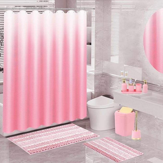 25PCS Pink Bathroom Accessories Sets Complete, with Shower Curtain, Rugs, Trash Can and Toilet Brush, Toothbrush Holder and Cup, Soap Dispenser, Soap Dish, Qtip Holder, Bathroom Decor Sets