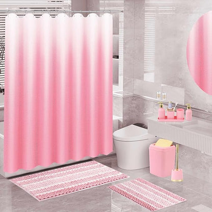 25PCS Pink Bathroom Accessories Sets Complete, with Shower Curtain, Rugs, Trash Can and Toilet Brush, Toothbrush Holder and Cup, Soap Dispenser, Soap Dish, Qtip Holder, Bathroom Decor Sets