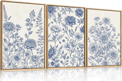 Classic Chinoiserie Floral Framed Canvas Wall Art Set, Blue and White Flower Wall Decor, Navy Watercolor Wall Painting, Minimalist Wildflower Art Print for Living Room, Bedroom - 24"x36"×3