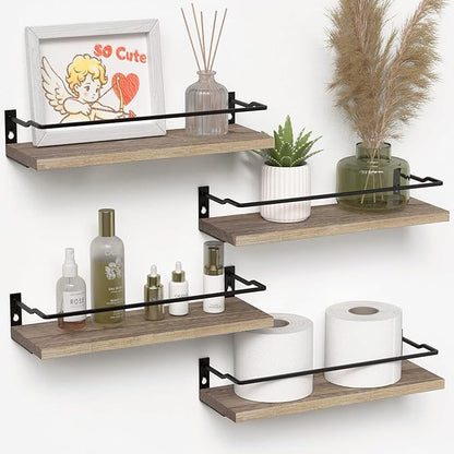 RICHER HOUSE 4-Piece Bathroom Paulownia Wood Shelves Set, Wall Mounted, Protected Guardrail, 20 lbs Weight Capacity - Carbonized Black