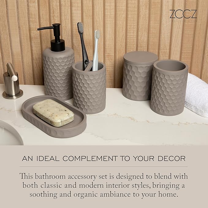 zccz 6 Piece Bathroom Accessories Set, Toothbrush Holder, Toothbrush Cup, Soap Dispenser,Bathroom Vanity Tray, Qtip Holder, Trash Can - Cement