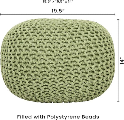 REDEARTH Round Pouf Foot Stool Ottoman - Cotton Knitted Cord Boho Pouffe - Cable Poof Filled Footrest Stuffed for Living Room - Nursery - Bedroom - Patio - Lounge (19.5"x19.5"x14") - Kiwi