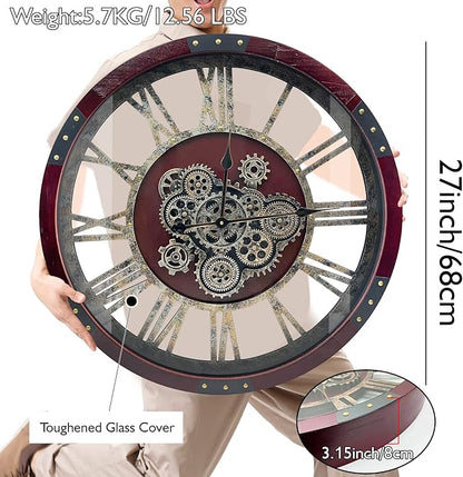 DORBOKER 27" Original Moving Gears Wall Clock, Large Industrial Wall Clock for Living Room Decor, Retro Metal Solid Wood Vintage Farmhouse Steampunk Rustic Clocks for Wall Decor,Cherry Red