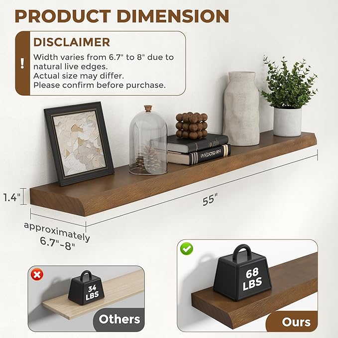 RICHFOCUS Live Edge Wood Floating Shelves 55" Natural Solid Wood Wall Mounted Shelf|Extra Long Floating Shelves for Wall with Invisible Bracket for Bathroom Kitchen Room|1Pcs, Walnut