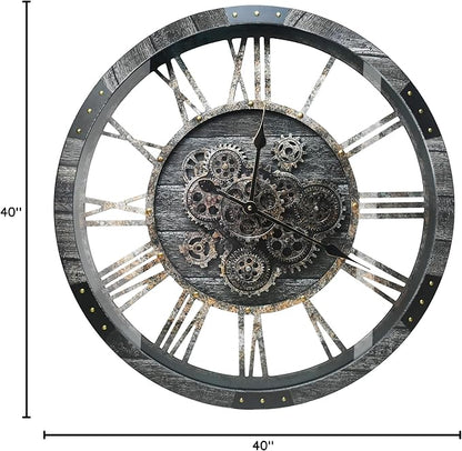 DORBOKER 40" Original Moving Gears Wall Clock, Large Industrial Wall Clock for Living Room Decor,Oversized Wood Vintage Farmhouse Steampunk Rustic Clocks for Wall Decor,Carbon Gray