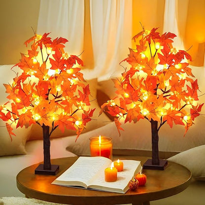 2 Pack 24 Inch Prelit Fall Maple Tree Fall Decor with 48 LEDs Timer Battery Operated Artificial Fall Light Up Tree Maple Acorn for Fall Thanksgiving Decorations Table Home Office Indoor Autumn Harvest