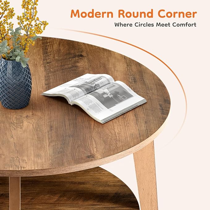 Sweetcrispy Round Coffee Table, 36'' Wood Coffee Tables for Living Room with Storage, 2-Tier Center Circle Counter with Wooded Desktop, 50 lbs Capacity, Anti-Slip Feet, Modern Farmhouse Design, Brown