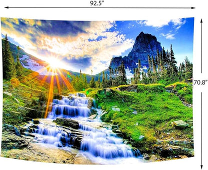Delur Mountain Waterfall Tapestry Sunset Forest Tree Nature Landscape Tapestry Wall Hanging Tropical Sunrise Rainforest Psychedelic Scenic Headboard for Bedroom Living Room Home Decor (70.8" x 92.5")