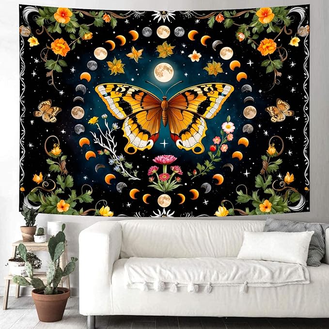 Delur Butterfly Moon Flower Tapestry Botanical Floral Plant Boho Tapestry Wall Hanging Mandala Aesthetic Mushroom Retro Vintage Headboard for Bedroom Living Room Home Decor (51.2" x 59.1")