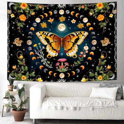 Delur Butterfly Moon Flower Tapestry Botanical Floral Plant Boho Tapestry Wall Hanging Mandala Aesthetic Mushroom Retro Vintage Headboard for Bedroom Living Room Home Decor (59.1" x 78.7")