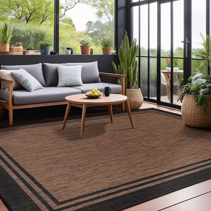 Bordered Outdoor Rug 6x9 Washable Outside Carpet for Indoor Patio Porch Waterproof Easy Cleaning Non Shedding Area Rugs Nut Brown 6 x 9