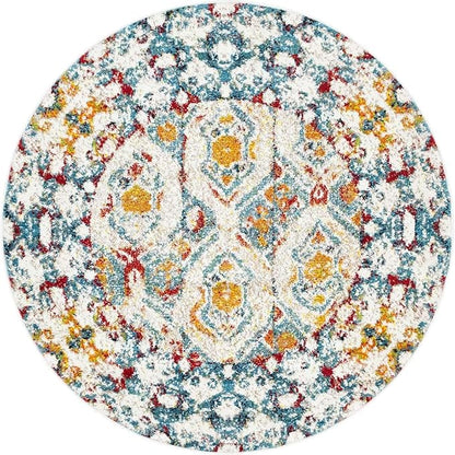 Unique Loom Rosso Collection Vintage, Geometric, Bohemian, Traditional, Distressed, Southwestern Area Rug, Round 4' 0" x 4' 0", Multi/Ivory