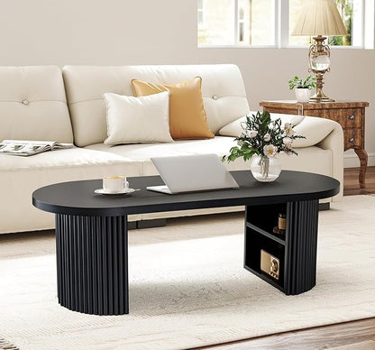 Oval Fluted Coffee Table, 47" Farmhouse Wood Coffee Table Mid Century Modern Center Table Boho Living Room Tables for Living Room Office,Black