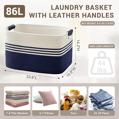 86L Extra Large Laundry Basket with Leather Handles for Living Room Storage, Woven Rope Baskets for Blanket, Kids Toy, Gifts, Wicker Hamper for Bedroom Dirty Clothes, 24"x16"x14" White Navy