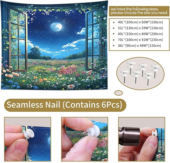 LB Wildflower Moon Tapestry, Window Forest Plant Green Leaf and Garden Colorful Floral Wall Tapestry for Bedroom, Night Sky Wall Art for Living Room Dorm Home Decor Ready to Hanging, 59 x 51 Inches