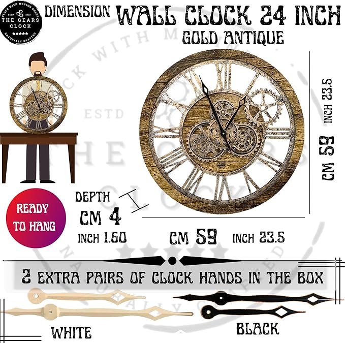 The Gears Clock The Original Real Moving Gear Wall Clock Vintage Industrial Oversized Rustic Farmhouse (24 inch (60cm),Gold Antique)