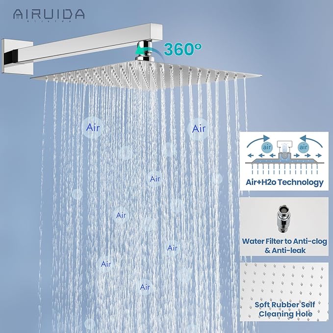 Airuida Shower Faucet Set Bathroom Rain Shower System SUS304 Stainless Steel Single Handle With Male Threads Rough-in Valve Shower Trim Kit 12 Inch Wall Mount Shower Head Chrome Polish