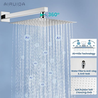 Airuida Shower Faucet Set Bathroom Rain Shower System SUS304 Stainless Steel Single Handle With Male Threads Rough-in Valve Shower Trim Kit 12 Inch Wall Mount Shower Head Chrome Polish