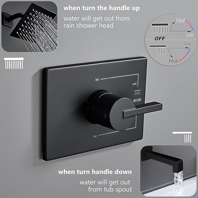 Shower Fixtures, Black Shower Faucet Set with 6 Inch Matte Black Shower Head and Tub Spout, Black Shower Head and Handle Set (Valve Included)