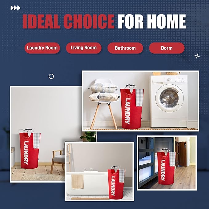 Caroeas 125L Laundry Basket,Large Laundry Hamper, Laundry Bag with Padded Handles, Clothes Hamper Stands Up Well, Collapsible Free Standing Easy Storage Washing Bin (Red,125L)