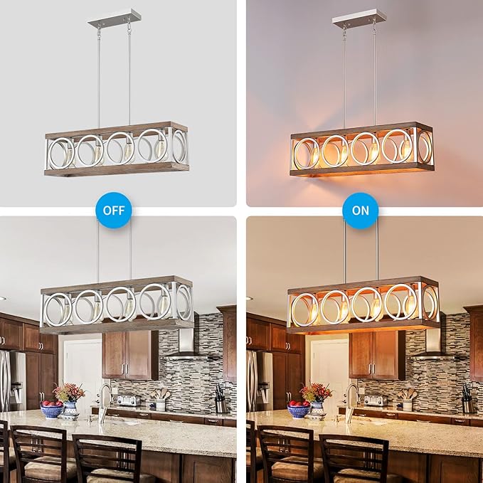 XINGQI Farmhouse Dining Room Chandeliers, Rectangle Vintage Hanging Lighting Fixtures, 4-Light Kitchen Island Lighting, Rustic Metal Chandelier Pendant Light, Antique Wood Grain XY082