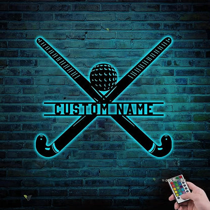 Custom Hockey LED Wall Sign - Hockey Metal Wall Art with Helmet & Sticks, 16-Color LED with Remote Control, Hockey Decor for Boys Room, Players, Fans, Coaches, Man Cave, Sports Lovers