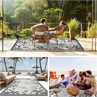 COCOER Outdoor-Rug 9x12 ft Waterproof Outdoor Plastic Straw Rug Reversible RV Indoor Outdoor Carpet Quick Dry Patio Rug Camping Mat for Balcony Backyard Picnic Beach-Grey&Beige