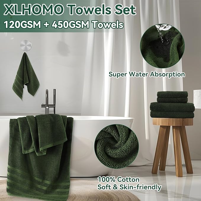 Dark Green Bathroom Set - Green Bathroom Accessories Set, 24PCS Bathroom Accessory Set with Shower Curtain, Bath Towels, Trash Can, Soap Dispenser, Green Bathroom Accessories for Home