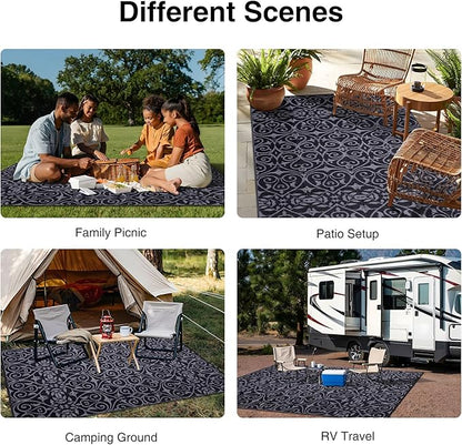 OLANLY Outdoor Rug Waterproof 6x9 ft Clearance, Reversible Outdoor Plastic Straw Rug with Floral Pattern, RV Mat for Patio, Camping, Balcony, Deck, Backyard, Black & Grey
