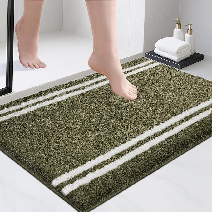 PURRUGS Bathroom Rug Non-Slip Machine Washable 24" x 36", Super Absorbent and Quick Dry Shaggy Microfiber Bath Mat, Extra Soft and Plush Bath Rug for Bathtub, Shower and Sink, Olive Green