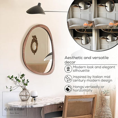 Irregular Wood Frame Boho Mirror - Large Wall Mounted Accent, Asymmetrical, Modern Aesthetic Wall Decor for Bedroom, Entryway, Living Room, Bathroom (Brown)