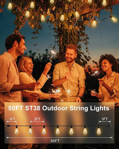Outdoor String Lights - 50FT LED Patio Lights with 27 Shatterproof Waterproof Bulbs, Connectable Dimmable Edison IP65 ST38 Outside Lights for Garden, Balcony, Porch, Backyard, Deck, Home Decor