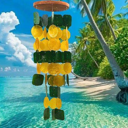 Bellaa 24896 Wind Chimes Outdoor, Garden Decorations, Musical, Indoor/Outside Windchimes, Beach, Ocean Breeze, Gifts for Mom, Gift for All Occasions, Capiz Sea Glass Shells Wood Yellow Green