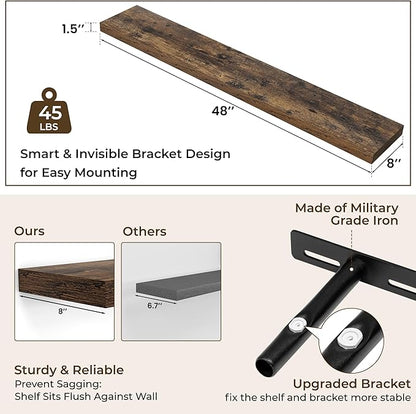 RICHFOCUS 48Inch Floating Shelves for Wall 2 Pack Shelves for Bedroom|Kitchen|Bathroom Wall Mounted Rustic Wood Floating Shelf with Invisible Brackets for Books|Storage|Decor, Rustic Brown