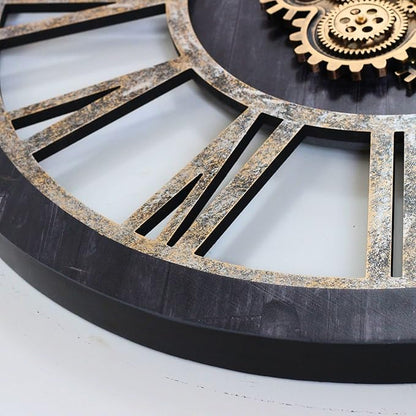The Gears Clock 36'' Inch Real Moving Gear Wall Clock Vintage Industrial Oversized Rustic Farmhouse (Vintage Black Wood and Bronze)