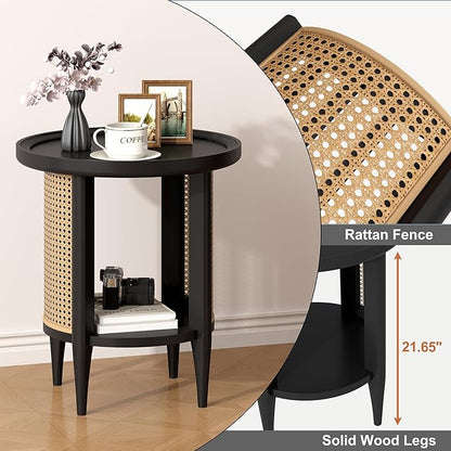 Yusong Round End Table Rattan Side Table with Solid Wood Legs, Boho Style Nightstand Bedside Table with 2-Tier Shelves, Small Coffee Table for Living Room Bedroom Small Spaces Black