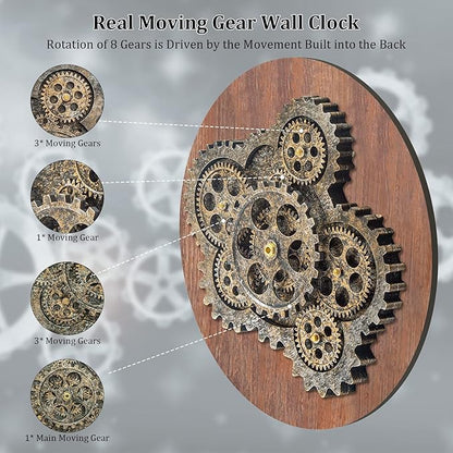 HOIBAI Large Wall Clock 24 Inch Large Clocks for Living Room Decor with Moving Gears Vintage Industrial Steampunk Farmhouse Big Clock for Home Kitchen Bedroom Office